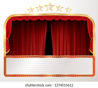 vector stage with red curtain, five stars and blank billboard - Vector illustration