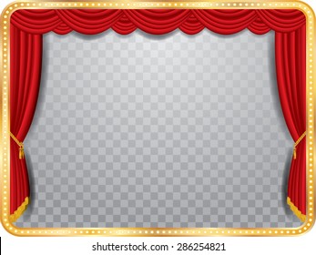 vector stage with red curtain, golden frame and transparent shadow