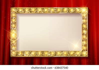 vector stage with red curtain, golden frame and transparent shadow. Flyers, invitation, posters, brochure, voucher discount Vector illustration
