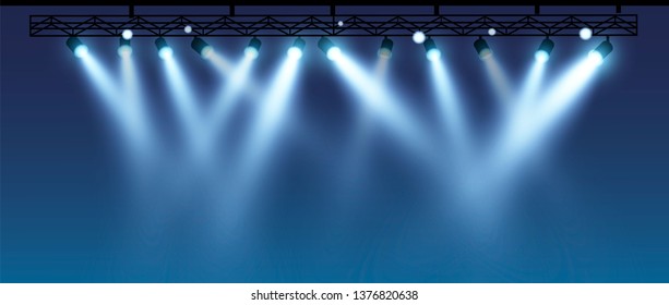 Vector stage with set of blue spotlights. Blue stage lights.