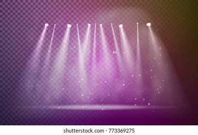 Vector stage with set of violet spotlights. Purple stage lights. 
Vector illustration for your graphic design.