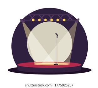 Vector stage for talent show or live concert performance. Round podium under projector spotlight. Song, music, dance or standup comedy artistic entertainment area. Grand opening, premiere