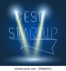 Vector stage with two spotlights, "Best Startup" text and star. Dark blue background