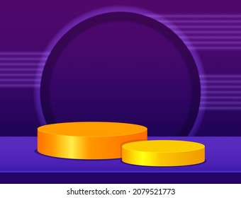 Vector stage violet blue neon background with two geometric yellow round platform for design show product