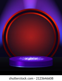 Antecedentes de neón rojo y violeta de escenario vectorial con plataforma redonda geométrica azul para el producto de exposición de diseño