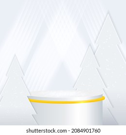 Vector stage white Christmas neon background with geometric round platform and creative tree for design show product
