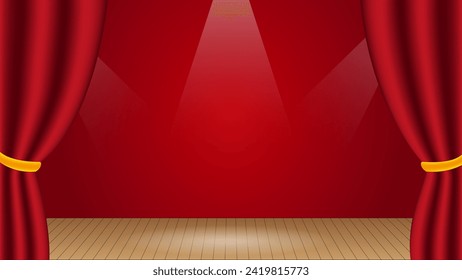 A vector stage with a wooden floor and open red velvet theater curtains. The beams of light from the spotlights are directed at the stage to the speaker's place.