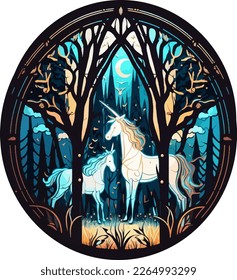 Vector of a stained glass oval window depicting two white unicorns