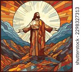 Vector stained glass window of Jesus Christ on a mountain top, arms outstretched.