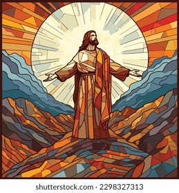 Vector stained glass window of Jesus Christ on a mountain top, arms outstretched.