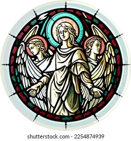 Vector of a stained glass window, three angels with halos