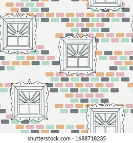 Vector Stained Glass Windows on Colorful Pastel Bricks seamless pattern background.