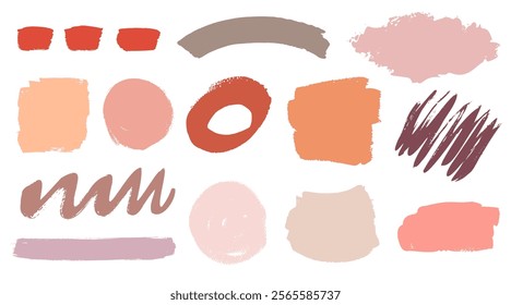 Vector stains abstract paint brush strokes splash set, ink design elements. Grunge texture background, creative shapes illustrations isolated on white, for social media, packaging.