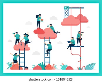 Vector of stair, job title, position. Increase position and ranking in company instantly. Try hard up stair to reach clouds. Teamwork in business. choose career, job title in a corporate organization