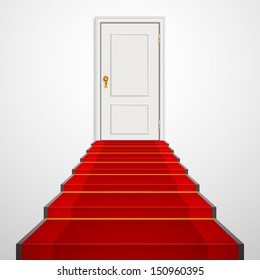 Vector stairs with red velvet carpet and wooden white door.