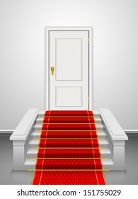 Vector stairs with red velvet carpet and wooden white door.