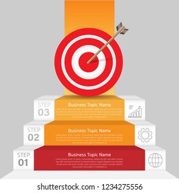 Vector stairs and Target infographic. Template for diagram, graph, presentation and chart. Business infographics startup concept with 3 options, parts, steps or processes. Abstract background. and Tar