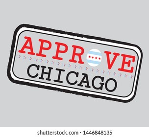Vector Stamp for Approve logo with Chicago Flag in the shape of O and text Chicago. Grunge Rubber Texture Stamp of Approve from Chicago.
