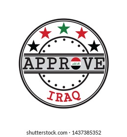 Vector Stamp for Approve logo with Iraq Flag in the shape of O and text Iraq. Grunge Rubber Texture Stamp of Approve from Iraq.