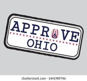 Vector Stamp for Approve logo with Ohio Flag in the shape of O and text Ohio. Grunge Rubber Texture Stamp of Approve from Ohio.