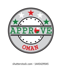 Vector Stamp for Approve logo with Omani Flag in the shape of O and text Oman. Grunge Rubber Texture Stamp of Approve from Oman.