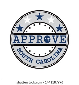 Vector Stamp for Approve logo with South Carolina Flag in the shape of O and text South Carolina. Grunge Rubber Texture Stamp of Approve from South Carolina.