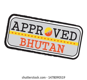 Vector Stamp of Approved logo with Bhutanese Flag in the shape of O and text Bhutan.