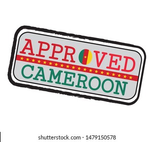 Vector Stamp of Approved logo with Cameroonian Flag in the shape of O and text Cameroon. 