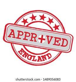 Vector Stamp of Approved logo with English Flag in the shape of O and text England. Grunge Rubber Texture Stamp of Approved from England.