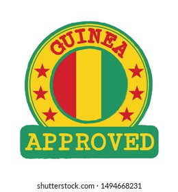 Vector Stamp of Approved logo with Guinea Flag in the round shape on the center. Grunge Rubber Texture Stamp of Approved from Guinea.