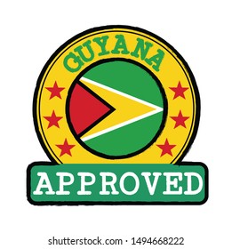 Vector Stamp of Approved logo with Guyana Flag in the round shape on the center. Grunge Rubber Texture Stamp of Approved from Guyana.