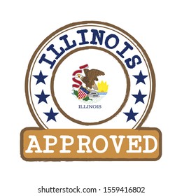 Vector Stamp of Approved logo with Illinois Flag in the round shape on the center. The states of America. Grunge Rubber Texture Stamp of Approved from Illinois.