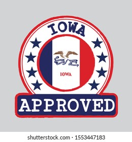 Vector Stamp of Approved logo with Iowa Flag in the round shape on the center. The states of America. Grunge Rubber Texture Stamp of Approved from Iowa.