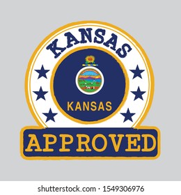 Vector Stamp of Approved logo with Kansas Flag in the round shape on the center. The states of America. Grunge Rubber Texture Stamp of Approved from Kansas.