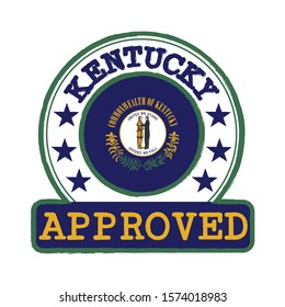 Vector Stamp of Approved logo with Kentucky flag in the round shape on the center. The states of America. Grunge Rubber Texture Stamp of Approved from Kentucky.