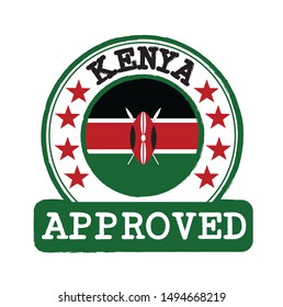 Vector Stamp of Approved logo with Kenya Flag in the round shape on the center. Grunge Rubber Texture Stamp of Approved Kenya.