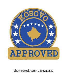 Vector Stamp of Approved logo with Kosovo Flag in the round shape on the center. Grunge Rubber Texture Stamp of Approved from Kosovo.