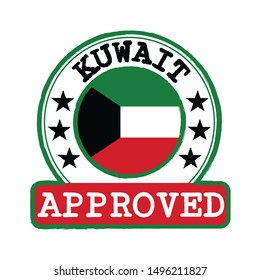 Vector Stamp of Approved logo with Kuwait Flag in the round shape on the center. Grunge Rubber Texture Stamp of Approved from Kuwait.