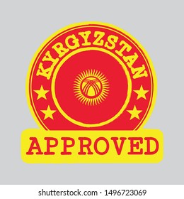 Vector Stamp of Approved logo with Kyrgyzstan Flag in the round shape on the center. Grunge Rubber Texture Stamp of Approved from Kyrgyzstan.