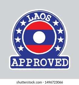 Vector Stamp of Approved logo with Laos Flag in the round shape on the center. Grunge Rubber Texture Stamp of Approved from Laos.