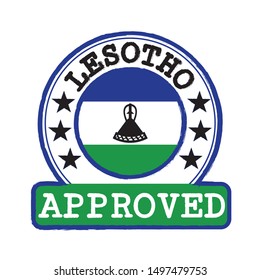 Vector Stamp of Approved logo with Lesotho Flag in the round shape on the center. Grunge Rubber Texture Stamp of Approved from Lesotho.