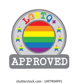 Vector Stamp of Approved logo with LGBTQ+ Flag in the round shape on the center. Grunge Rubber Texture Stamp of Approved by LGBTQ+.