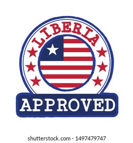 Vector Stamp of Approved logo with Liberia Flag in the round shape on the center. Grunge Rubber Texture Stamp of Approved from Liberia.