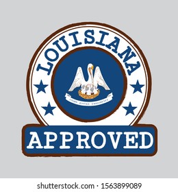 Vector Stamp of Approved logo with Louisiana Flag in the round shape on the center. The states of America. Grunge Rubber Texture Stamp of Approved from Louisiana.