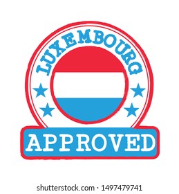 Vector Stamp of Approved logo with Luxembourg Flag in the round shape on the center. Grunge Rubber Texture Stamp of Approved from Luxembourg.