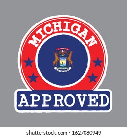 Vector Stamp of Approved logo with Michigan flag in the round shape on the center. The state of America.