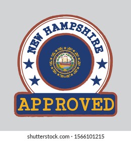Vector Stamp of Approved logo with New Hampshire Flag in the round shape on the center. The states of America. Grunge Rubber Texture Stamp of Approved from New Hampshire.