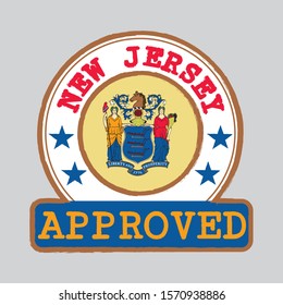 Vector Stamp of Approved logo with New Jersey flag in the round shape on the center. The states of America. Grunge Rubber Texture Stamp of Approved from New Jersey.