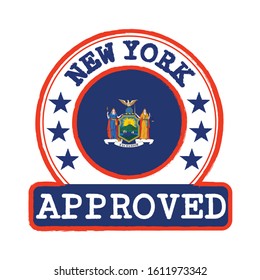 Vector Stamp of Approved logo with New York flag in the round shape on the center. The state of America.