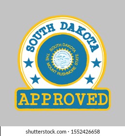 Vector Stamp of Approved logo with South Dakota Flag in the round shape on the center. The states of America. Grunge Rubber Texture Stamp of Approved from South Dakota.
